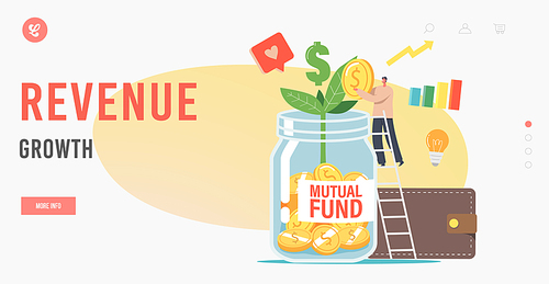 Finance Mutual Fund, Revenue Growth Landing Page Template. Office Character Put Gold Coin into Huge Glass Jar with Green Sprout, Light Bulb, Grow Chart and Wallet. Cartoon Vector Illustration