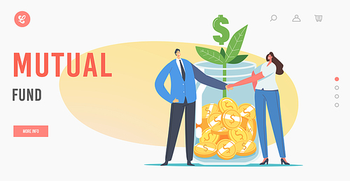 Mutual Business Fund Landing Page Template. Office Characters Businessman and Businesswoman Shaking Hands at Huge Glass Jar with Gold Coins, Green Sprout and Dollar Sign. Cartoon Vector Illustration