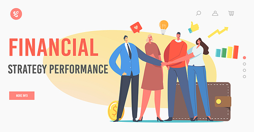 Financial Strategy Performance Landing Page Template. Businesspeople Office Colleagues Male and Female Characters Join Hands with Wallet, Money and Business icons. Cartoon People Vector Illustration