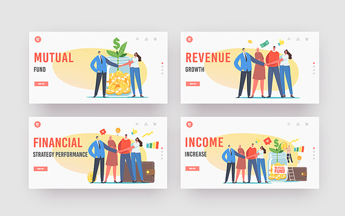 Income Increase, Mutual Fund Landing Page Template Set. Office Colleagues Characters Join Hands, Tiny Businessman Put Gold Coin in Huge Glass Jar with Green Sprout. Cartoon People Vector Illustration