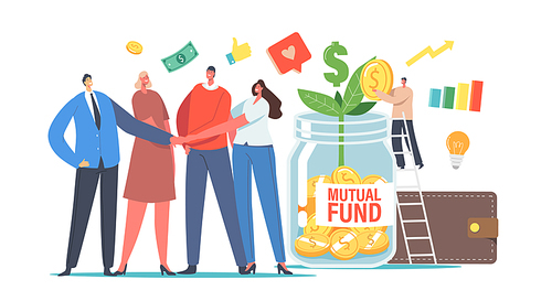 Mutual Fund Concept. Office Colleagues Male and Female Characters Join Hands, Tiny Businessman Put Gold Coin into Huge Glass Jar with Green Sprout, Finance Help. Cartoon People Vector Illustration