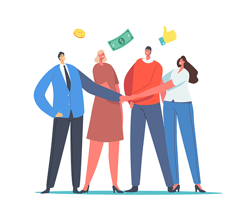 Mutual Fund Concept. Office Colleagues Male and Female Characters Join Hands with Money Coins and Bills around. Businessmen and Businesswomen Compound Finance Help. Cartoon People Vector Illustration