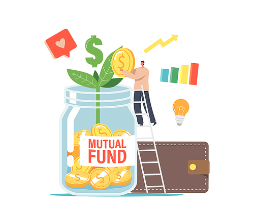 Finance Help via Mutual Fund Business Concept. Office Character or Businessman Put Gold Coin into Huge Glass Jar with Green Sprout, Light Bulb, Grow Chart and Wallet. Cartoon Vector Illustration