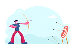 Business Strategy and Goals Achievement Concept. Businessman Archer Shooting to Huge Target Holding Bow with Arrow. Aims Mission Opportunity Challenge Task Solution Cartoon Flat Vector Illustration