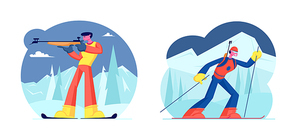 Biathlon Competition Set. Competitor Standing on Shooting Range Aiming to Target Aiming, Shooting and Hunting. Sportswoman Riding Skis on Rout. World Cup Tournament. Cartoon Flat Vector Illustration