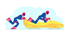 Wintertime Sledding Sport. Men Bobsleigh Team Pushing Bob and Sliding Downhills during Winter Olympics Games Competition. World Cup Race International Championship Cartoon Flat Vector Illustration