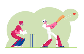 Cricket Tournament Concept. Batsman in Professional Uniform Hitting Ball with Bat, Sportsmen Playing Traditional Game, Sports Championship Event, Outdoors Activity. Cartoon Flat Vector Illustration