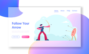 Business Strategy and Goals Achievement Website Landing Page. Archer Shooting to Huge Target Holding Bow with Arrow. Aim Mission Opportunity Challenge Web Page Banner. Cartoon Flat Vector Illustration