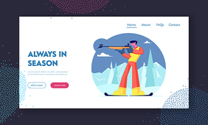 Biathlon Competition Website Landing Page. Sportsman Wearing Sportswear and Skis Standing on Shooting Range Aiming to Target, Shooting and Hunting Web Page Banner. Cartoon Flat Vector Illustration