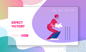 Cricket Tournament, Competition Website Landing Page. Young Smiling Sportsman Cricketer Catcher Player Stand in Position for Catching Ball Batsman Hit Web Page Banner. Cartoon Flat Vector Illustration