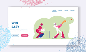 Cricket Tournament Website Landing Page. Batsman in Professional Uniform Hitting Ball with Bat, Sportsmen Playing Sports Game, Championship Event Web Page Banner. Cartoon Flat Vector Illustration