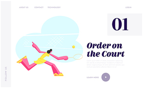 Young Woman Practicing Tennis Game. Sportswoman Character in Motion Trying to Hit Ball with Racket on Court, Girl Tennis Player Website Landing Page, Web Page. Cartoon Flat Vector Illustration, Banner