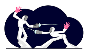 Fencing Athletes Wearing Sports Clothes and Mask Fight on Arena with Swords or Rapiers, Sport Activity, Competition, Tournament. Cartoon Flat Vector Illustration, Banner