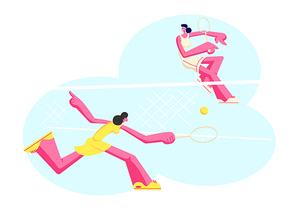 Young Girls in Sportswear Play Big Tennis on Court. Sportswomen Holding Rackets Hitting Ball over Basket, Women Outdoor Sport Activity, Happy People Healthy Lifestyle, Cartoon Flat Vector Illustration