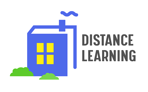 Distance Learning Banner Online Education Courses, Homeschooling Concept. Book in Shape of House with Glowing Window and Chimney on Roof Isolated on White Background. Cartoon Vector Illustration, Icon