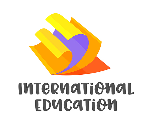 International Education Banner Isolated on White Background. Global Online Courses, Homeschooling Concept. Open Book with Multicolored Curl Pages, Distance Learning. Cartoon Vector Illustration, Icon