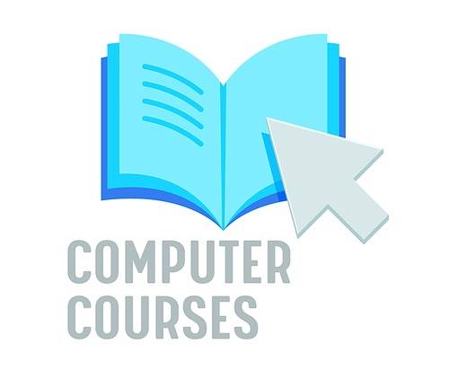 Computer Courses Banner, Online Education, Homeschooling Concept. Open Book with Mouse Cursor Isolated on White Background. Distance Learning, Digital School. Cartoon Vector Illustration, Icon