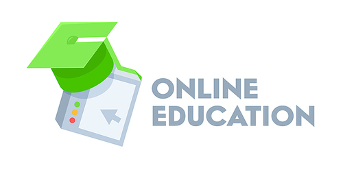 Online Education Banner with Green Academic Cap. Remote University Graduation, Home Educational Materials. Distance Learning, Recorded Classes, Video Tutorial. Cartoon Vector Illustration, Icon