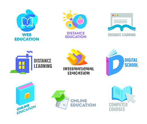 Set of Distance Learning Banners or Icons. Online Education Courses, Homeschooling Concept. Book in Shape of House, Academical Graduation Cap Isolated on White Background. Cartoon Vector Illustration