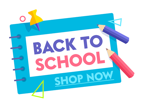 Back to School Banner with Typography and Colored Pencil on Notebook Background. Studying Tools, Poster for Social Media Retail Marketing Promotion, Educational Promo Ad. Cartoon Vector Illustration