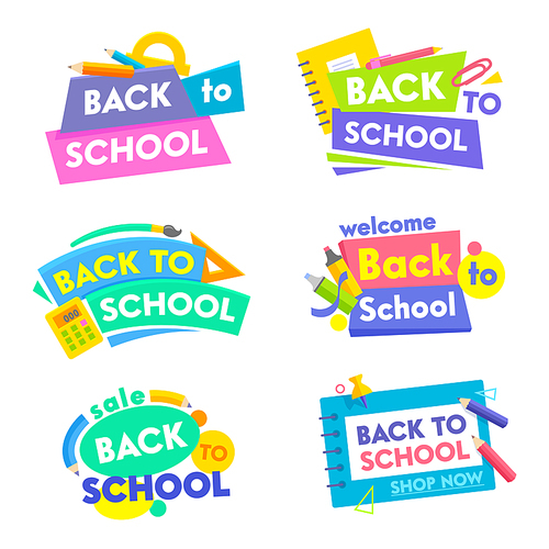 back to school banners set. colorful tags icons or s with title and elements typography and studying supplies. poster for retail marketing promotion education ad. cartoon vector illustration