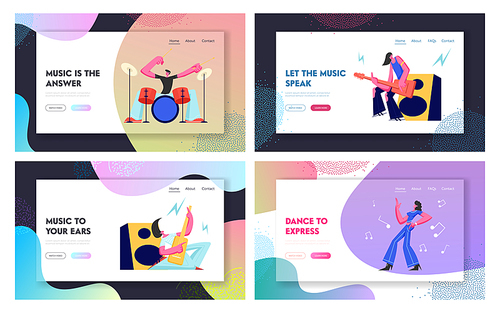 Set Rock Music Players and Girl Dancer. Musical Hobby and Occupation. Guitarist, Drummer and Dancer on Stage. Talented People Website Landing Page, Web Page. Cartoon Flat Vector Illustration, Banner