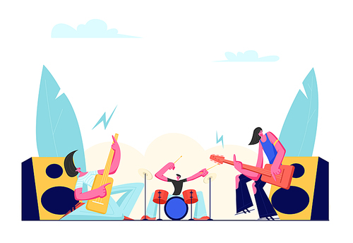 Rock Band Performing on Stage. Electric Guitarists and Drummer Music Concert. Male Artists Playing an Guitar and Drums. Men in Rocking Outfit with Musical Instruments. Cartoon Flat Vector Illustration