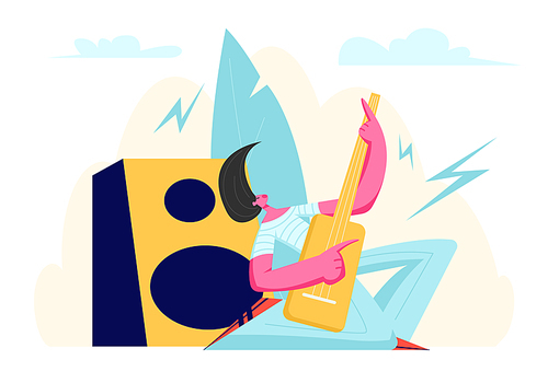 Rock Musician in Action Standing on Knees at Music Club Stage Singing and Playing Electric Guitar. Male Character in Rocking Clothing, Artists, Guitar Player, Singer. Cartoon Flat Vector Illustration
