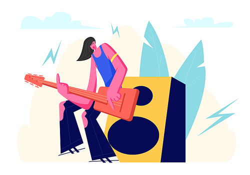 Rock Guitarist Waring Ragged Jeans Playing on Electric Guitar Standing near Huge Dynamic on Stage. Artist with Guitar Performing Concert in Music Hall or Night Club. Cartoon Flat Vector Illustration