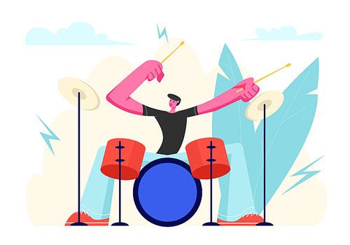 Excited Drummer Playing Hard Rock Music with Sticks on Drums. Talented Musician Character Performing on Stage with Percussion Instrument. Music Star Entertainment Show Cartoon Flat Vector Illustration