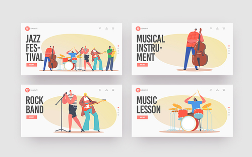 Music Band on Stage Performing Jazz Concert Landing Page Template Set. Artists Characters with Musical Instruments Guitar, Contrabass and Sax Player Accompany. Cartoon People Vector Illustration