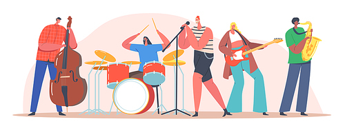 Music Band on Stage. Performing Rock Concert on Scene. Artists Characters with Musical Instruments Singing Rock Song, Guitar, Contrabass and Sax Player Accompany. Cartoon People Vector Illustration