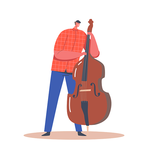 Artist Male Character Playing Contrabass. Music Jazz Band Entertainment Concert. Double Bass Player Perform Musician Composition Isolated on White Background. Cartoon People Vector Illustration