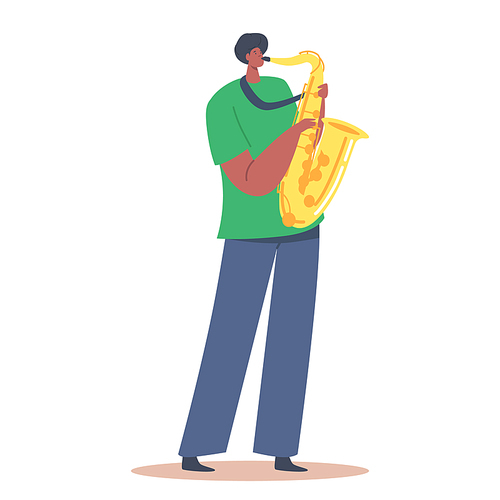 African Sax Player Blowing Musician Composition. Male Character Playing Saxophone Isolated on White Background. Music Jazz Band Entertainment, Concert. Cartoon People Vector Illustration