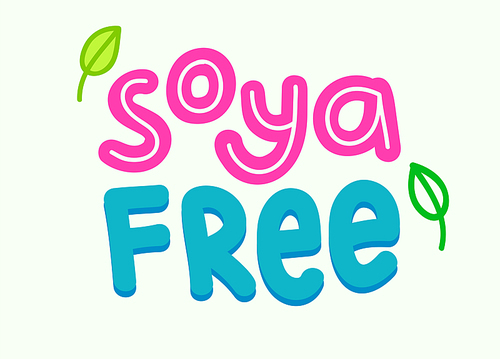 Soya Free Banner or Label. Intolerance and Allergy Food Concept. Allergen Food, No Soy in Product Icon or Symbol. Colored Blue and Pink Outline Typography, Cartoon Isolated Sign Vector Illustration