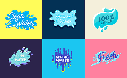 Set of Icons with Water, Pure Liquid Aqua Splashing, Dripping and Flow Isolated in Colorful Backgrounds, Natural, Fresh, Clean Water Splash and Spring, Puddles and Drops Cartoon Vector Illustration