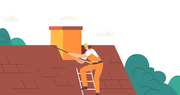 Worker Character on with Climbing Equipment Conduct Roofing Works, Repair Home, Tile House Rooftop, Roofer Man with Work Tools Renovate Residential Building or Cottage. Cartoon Vector Illustration