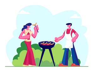 Happy Couple of Male and Female Characters Dating Outdoors on Bbq Picnic. Young Man Frying Sausages, Woman Eating. Romantic Loving Relations Meeting Family Spare Time. Cartoon Flat Vector Illustration