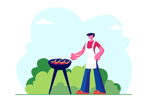 Happy Relaxed Male Character in Apron Cooking Outdoors on Bbq Picnic. Young Man Frying Sausages, Man Having Summertime Spare Time on Nature Outdoor Leisure Vacation Cartoon Flat Vector Illustration