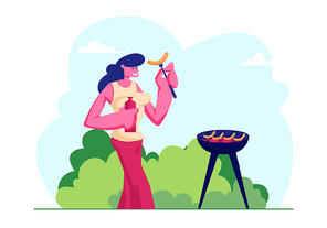 Happy Female Character Outdoors Bbq Picnic Spare Time. Young Woman Holding Ketchup and Fried Sausage on Fork, Summertime Spare Time on Nature Outdoor Leisure Vacation Cartoon Flat Vector Illustration