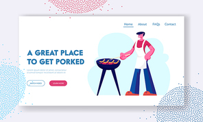 Barbeque Spare Time Website Landing Page. Happy Man Cooking Outdoors on Bbq Picnic Frying Sausages Having Summertime Outdoor Leisure Vacation on Nature Web Page Banner Cartoon Flat Vector Illustration