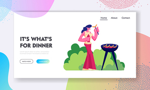 Barbeque Spare Time Website Landing Page. Happy Woman Holding Ketchup and Fried Sausage on Fork, Summertime Nature Outdoor Leisure Vacation Bbq Picnic Web Page Banner. Cartoon Flat Vector Illustration