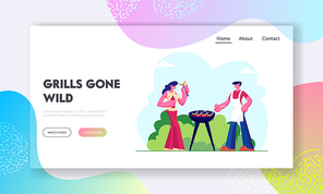 Happy Couple Outdoors on Bbq Picnic Website Landing Page. Young Man Frying Sausages, Woman Eating. Romantic Loving Relations Meeting Family Spare Time Web Page Banner. Cartoon Flat Vector Illustration