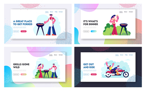 Young Couple Riding Motorbike and Having Bbq Outdoors Event Website Landing Page Set. Girl and Man Having Romantic Vacation Sparetime, Leisure Journey Web Page Banner. Cartoon Flat Vector Illustration