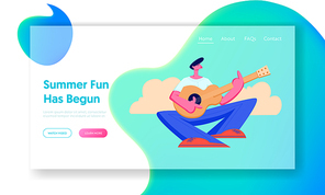 Man Singing Songs and Playing Guitar. Outdoors Sparetime in Picnic, Summer Camp or City Park. Summertime Leisure, Vacation Website Landing Page, Web Page. Cartoon Flat Vector Illustration, Banner