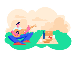 Young Man Sitting on Grass Singing Songs and Playing Guitar. Outdoors Sparetime in Picnic, Summer Camp or City Park. Summertime Leisure, Vacation Hiking or Traveling. Cartoon Flat Vector Illustration