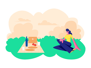 Happy Smiling Woman Sitting on Grass with Tablecloth, Food and Wine Bottle. Leisure Outdoors on Picnic, Dating Open Air Spare Time, Summer Vacation, Weekend Activity. Cartoon Flat Vector Illustration