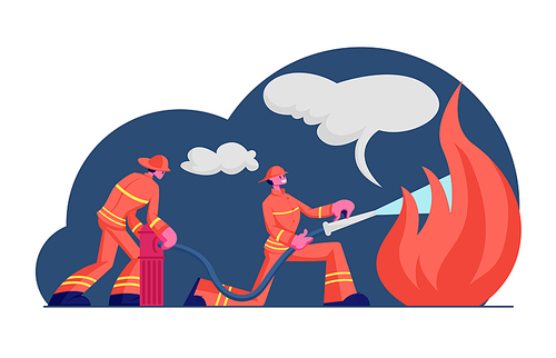 Couple of Firemen Fighting with Blaze at Burning House. Brave Male Characters Team in Firefighters Uniform and Hats Extinguish with Big Fire Spraying Water from Hose. Cartoon Flat Vector Illustration