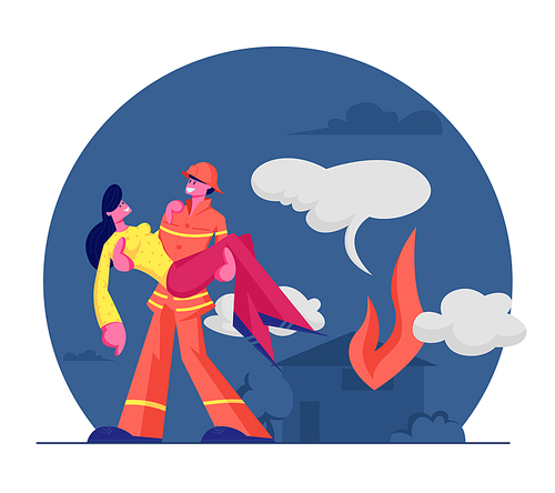 Fireman Saving Girl from Fire. Strong Firefighter in Protective Costume and Helmet Holding Woman on Hands Carry Out of Burning House. Dangerous Rescuer Profession. Cartoon Flat Vector Illustration