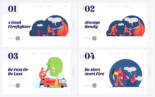 Fireman and Rescuer Job Website Landing Page Set. Firefighters Wearing Fire Fighter Suit for Safety in Danger Situations Save Life and Extinguish Flame Web Page Banner Cartoon Flat Vector Illustration